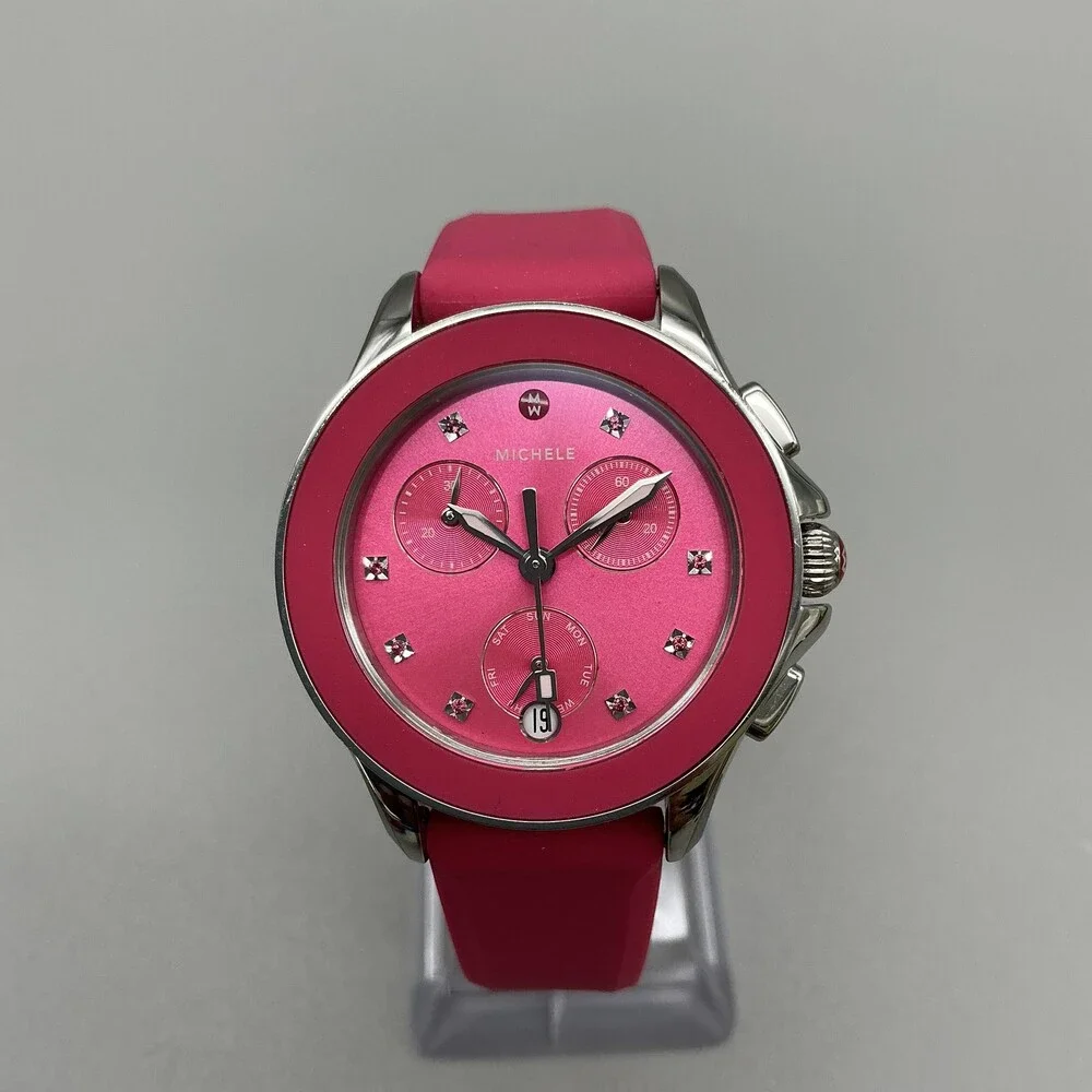 Michele Cape Womens Watch 34mm MX08853 Chronograph Date Diamonds New Battery